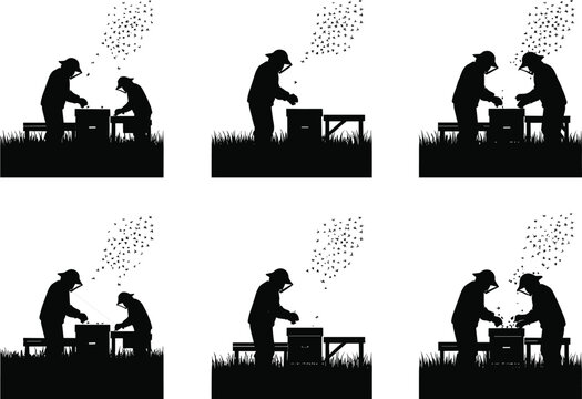 Beekeeper silhouettes, inspecting hives, protective gear, flying bees, apiary scene, honey production, rural farming, nature interaction, vector illustration, agricultural process, outdoor care