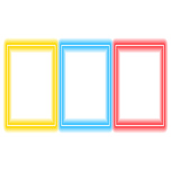 png Set of three neon square frames glowing borders in yellow blue and red isolated on white background