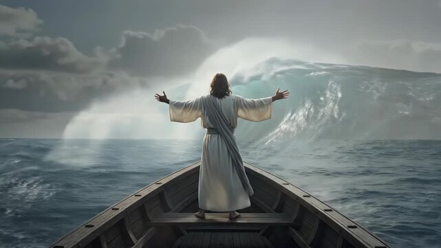 Jesus Christ calming a violent storm from a boat on the sea. A biblical miracle of faith and divine power. The tempestuous ocean transforms into a bright sunny day