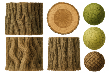Tree bark texture collection showing wood details, trunk cross section, and fruit-like natural patterns
