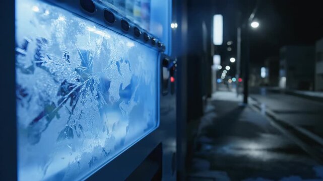 Nighttime Vending Machine with Frosty Detail in an Urban Environment with Atmospheric Lighting