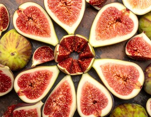 Overhead shot of ripe figs, artfully arranged on a rustic surface