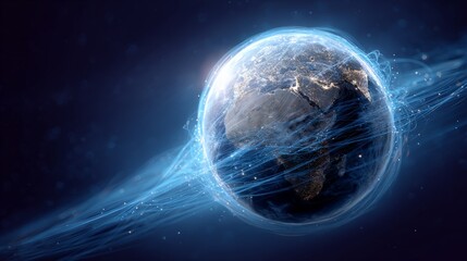 Global network connectivity visualized through rotating planet, glowing continental lights, digital flow lines mapping worldwide communication infrastructure