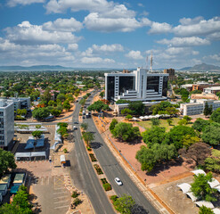 aerial view Gaborone Botswana, road in the main mall, city skyline, daytime
