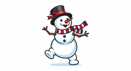 Fototapeta premium Cartoon illustration of a happy snowman wearing a black top hat and a red and white striped scarf.