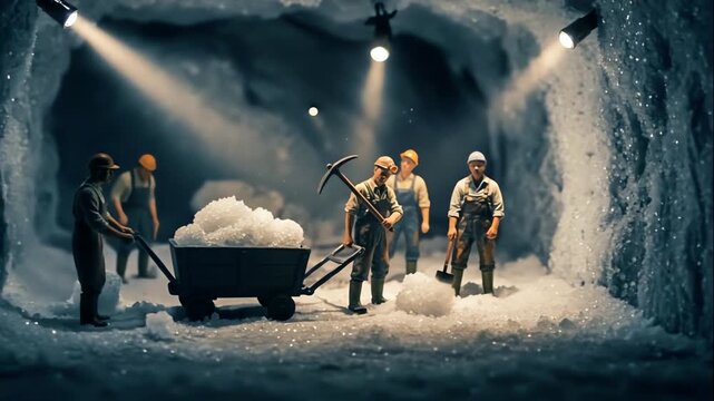 Manual salt mining under dim lantern light, vintage scene of miners extracting salt from underground tunnels, hardworking crew shovels mineral salt in historic underground mining environment
