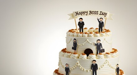 Three-tier cake for Boss's Day celebration with business figures  