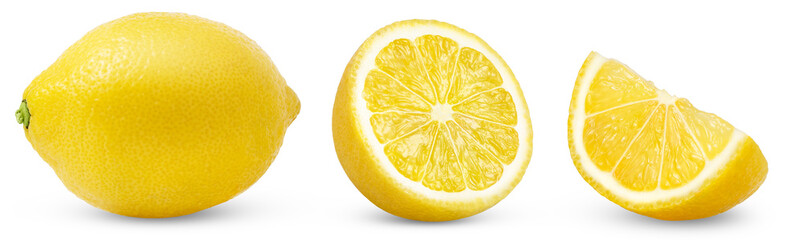 Collection of lemon and a cut in a half isolated. Fresh lemon slice with clipping path.