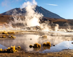 Scenic vista of a volcanic mountain backdrop with steaming thermal pools reflecting the landscape under a clear blue sky