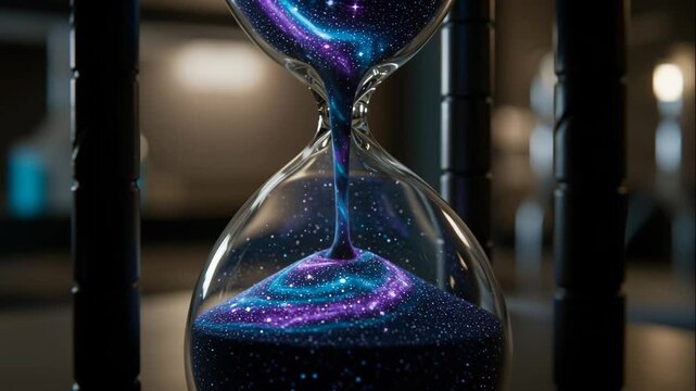 Reflective hourglass with galaxylike particles, ethereal timer showcasing cosmic sands with neon illumination effects, spectral hourglass featuring celestial sand streams illuminated by vibrant neon