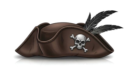 Illustration of a brown classic pirate hat with skull emblem, clean white background