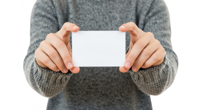 Person holding a blank white card isolated on transparent background