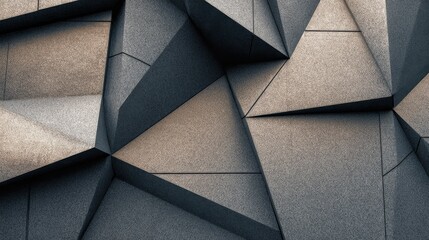 Abstract Geometric Facade with Textured Dark Gray Panels and Lighting Effects