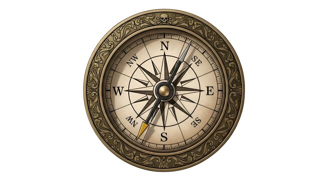Illustration of a pirate compass with antique brass design, clean surface