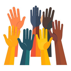 Obraz premium Diverse Raised Hands in a Flat Design Style with Various Skin Tones Vector Illustration on a White Background
