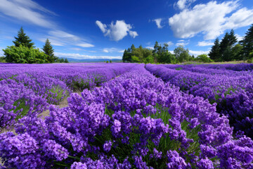 Obraz premium Lavender field in full bloom under a blue sky with fluffy clouds on a sunny day