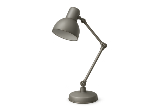 Metallic gray adjustable desk lamp with articulated arm and round base