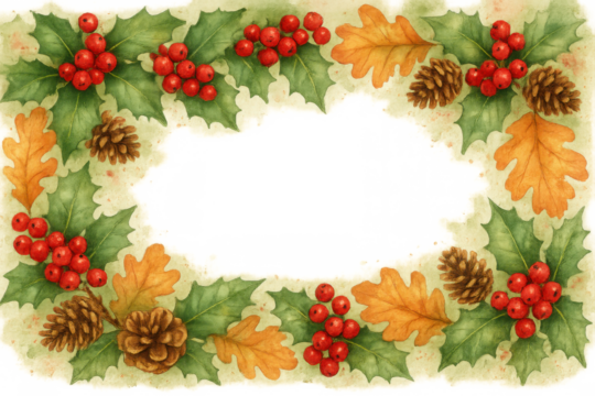 Christmas and autumn botanical frame with holly berries, oak leaves, pinecones, and watercolor texture, transparent background