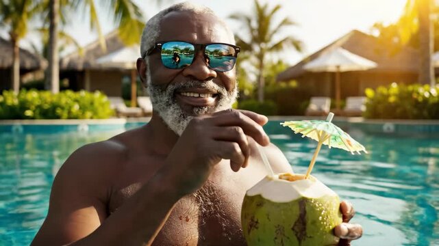 smiling mature african american man enjoying coconut drink in luxury hotel pool. tropical summer vacation and happy retirement lifestyle. travel and leisure concept.