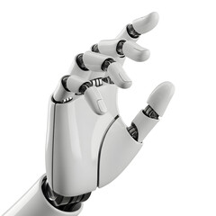Robotic hand with articulated fingers pointing upwards isolated on transparent background