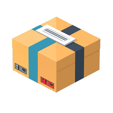 Isometric Cardboard Box with Label and Black Blue Straps in White Background