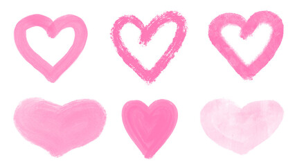 Obraz premium Hand drawn pink watercolor and grunge heart set on transparent background. Outlined hearts with a grunge, dry brush texture and solid hearts with smooth watercolor and rough acrylic effects. PNG