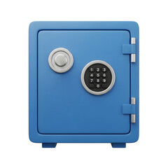Blue metal safe with combination lock and keypad isolated on transparent background