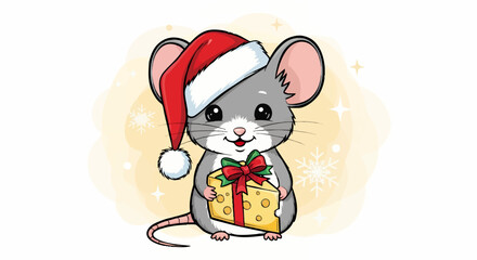 Cartoon illustration of a gray mouse wearing a Santa hat, holding a wrapped piece of cheese with a red bow.