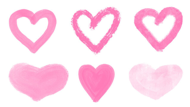 Hand drawn pink watercolor and grunge heart set on transparent background. Outlined hearts with a grunge, dry brush texture and solid hearts with smooth watercolor and rough acrylic effects. PNG