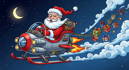 Naklejka premium Santa Claus flies through the night sky in a futuristic rocket sleigh, pulling presents behind him, with a crescent moon overhead.