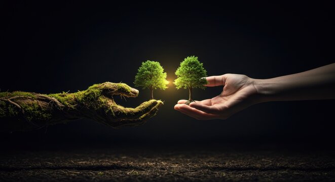Hands holding small trees. Concept for environmental conservation and growth.