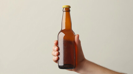 Person holding a cold amber bottle, refreshing beverage, casual setting, thirst-quenching drink