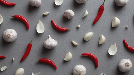 Fresh Garlic and Red Chili Peppers on a Gray Background for Culinary and Cooking Themes