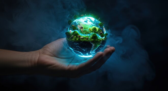 Green earth in hand with vibrant ecosystems. Symbolizes environmental awareness and care.