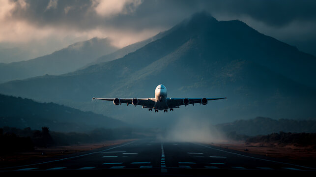 A complete Airbus A380 taking off from the airport runway