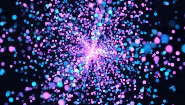 Vibrant abstract particle burst, blue and pink glowing dots exploding from center on dark background, dynamic digital energy, futuristic concept