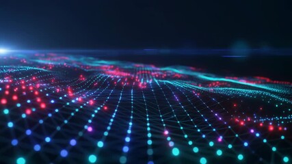 4K Video of Digital Network Grid with Glowing Particles, Futuristic Abstract Background - Powered by Adobe