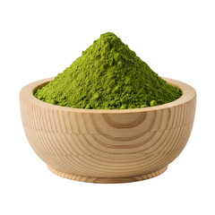 Green powder in a wooden bowl isolated on transparent background
