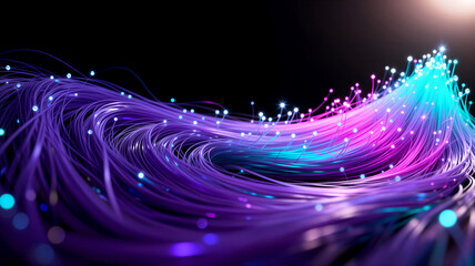 Glowing Fiber Optic Cables with Neon Light Trails in Purple and Blue Representing High-Speed Internet Data Flow and Futuristic Digital Network Technology