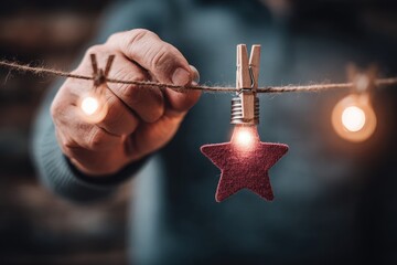 A hand carefully clips a red star decoration to a string of warm glowing lights. The warm tones create a festive and inviting atmosphere that suggests holiday cheer.