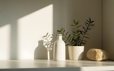 Still life of white vase, plant, and stone on shelf, casting shadows on white wall, creating minimalist and serene aesthetic, soft natural light