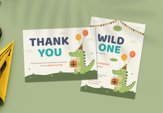 Playful Kids Birthday Party Invitation and Thank You Card Template with Safari Animal Illustration