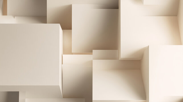 Abstract composition of minimalist geometric cubes and rectangles in soft light