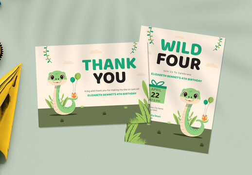 Jungle Safari Green Kids Birthday Invitation and Thank You Card with Illustration