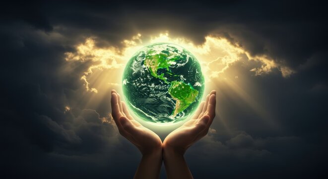 Hands holding glowing earth against dramatic sky. Concept for environment and care. - Powered by Adobe