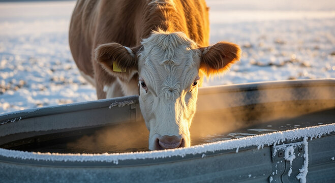 The breath of a Hereford Cow trough with ice is visible in the cold air, a powerful photo for content about livestock care in winter. - Powered by Adobe