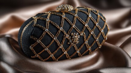Elegant Black Clutch Bag with Gold Embellishments and Decorative Pearls on Satin Background