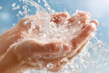 Fototapeta premium Cleansing hands under a splash of crystal water in bright sunny light