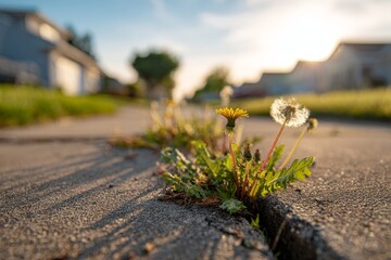 Low-angle shot of a dandelion and weeds growing from a sidewalk crack in a sunny suburban street
