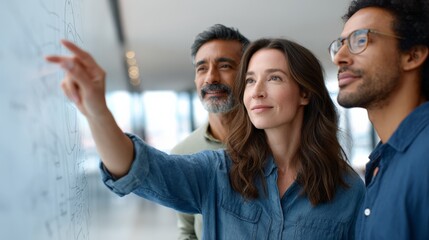 Business team analyzing artificial intelligence strategy on a whiteboard, pointing at diagrams and exchanging ideas in a collaborative office environment